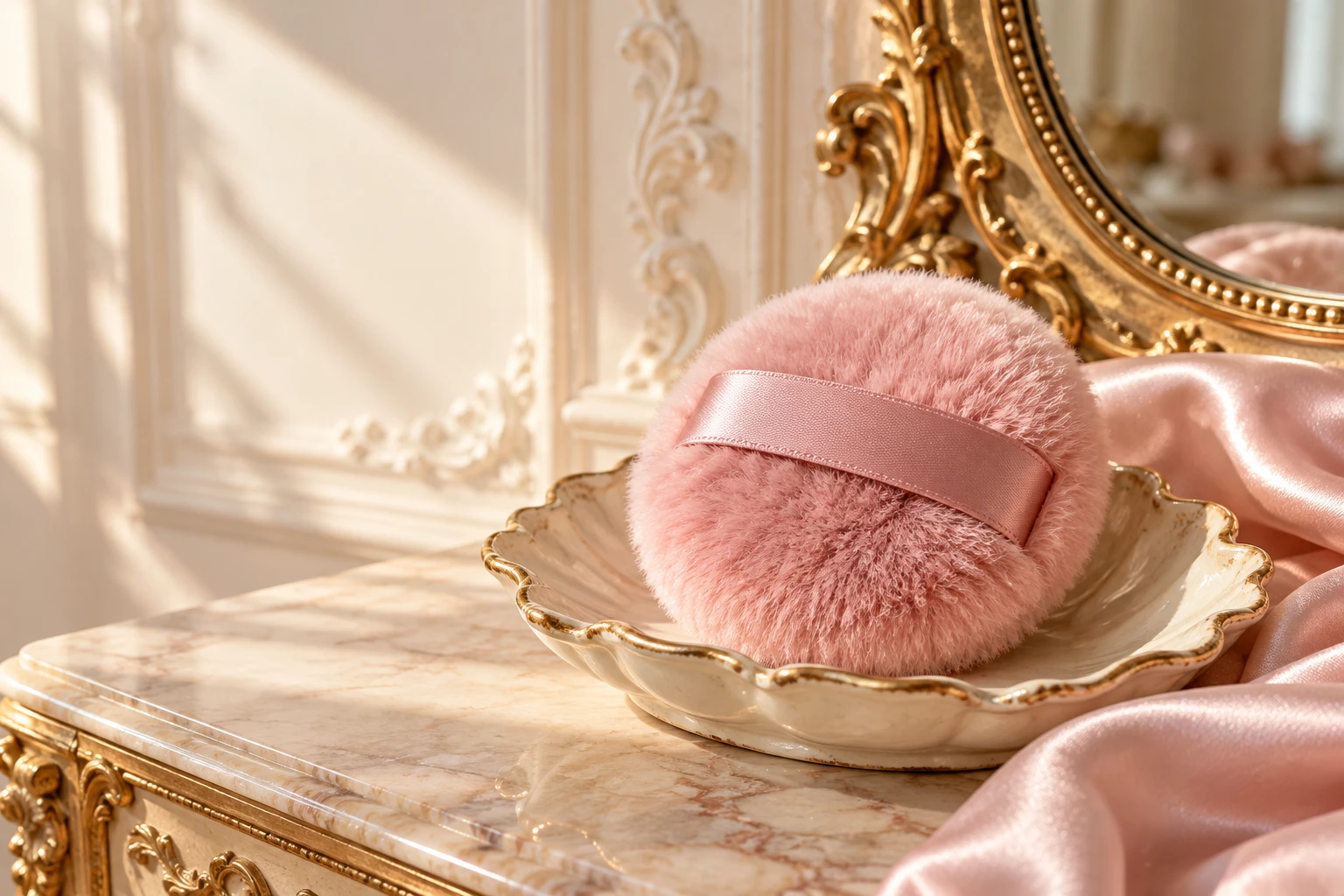 Rose pink powder puff on a scalloped ceramic dish at a Rococo dressing table
